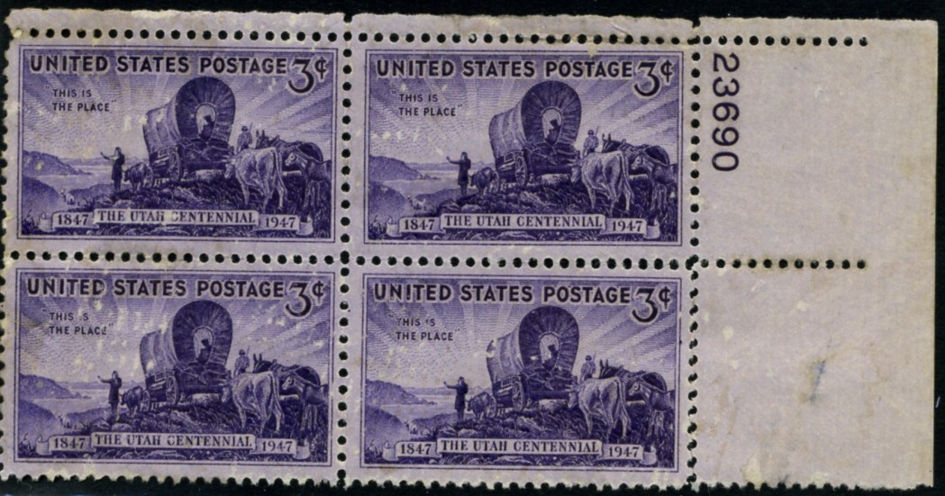 Scott 950 3 Cent Stamp Utah Centennial Plate Block