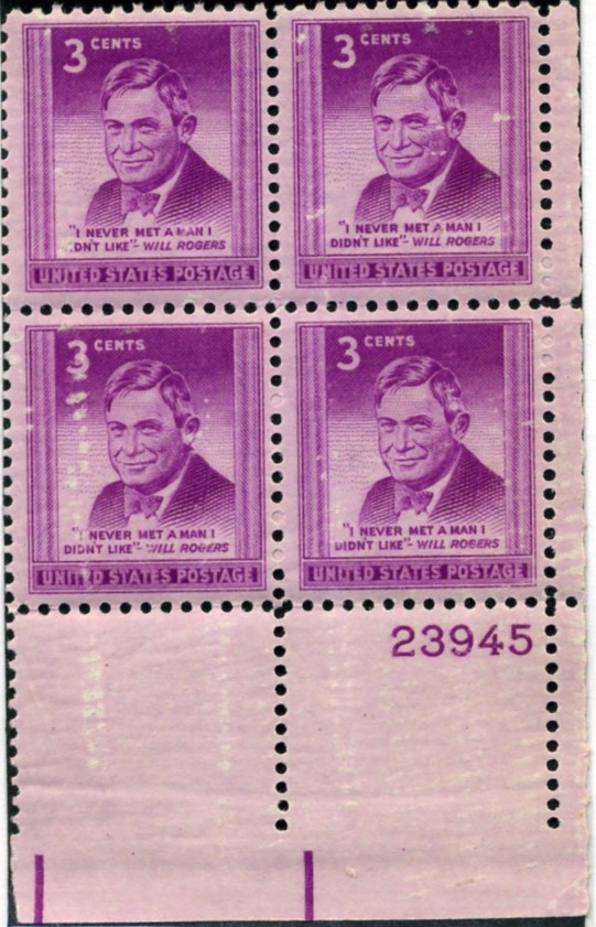 Scott 975 3 Cent Stamp Will Rogers Plate Block