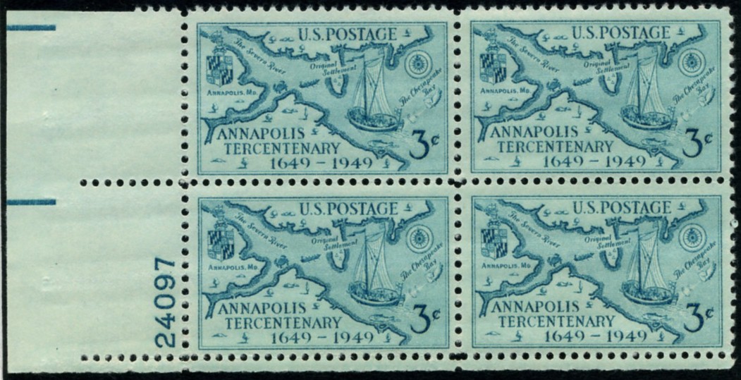 Scott 984 3 Cent Stamp Annapolis Tercentenary Plate Block