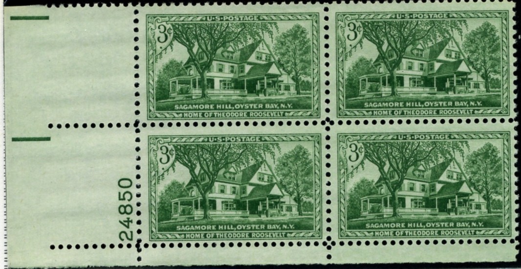 Scott 1023 3 Cent Stamp Sagamore Hill Oyster Bay NY Plate Block