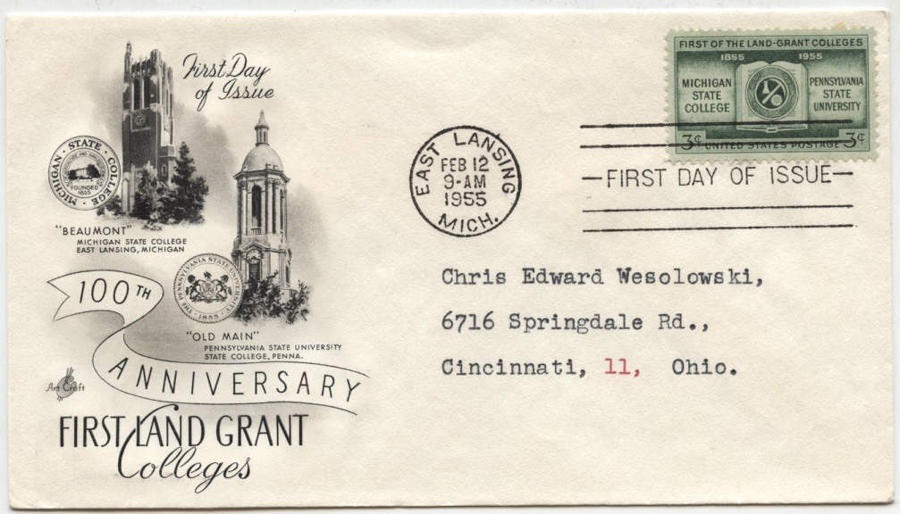 Scott 1065 3 Cent Stamp Land Grant Colleges Michigan State Pennsylvania State First Day Cover