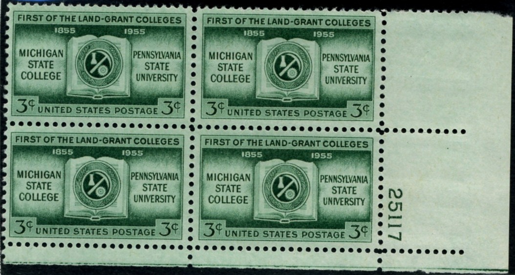 Scott 1065 3 Cent Stamp Land Grant Colleges Michigan State Pennsylvania State Plate Block