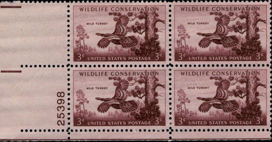 Scott 1077 3 Cent Stamp Wildlife Conservation Wild Turkey Plate Block