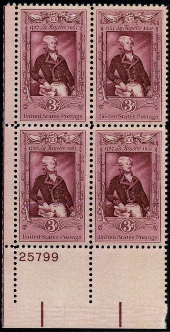 Scott 1097 3 Cent Stamp Lafayette Bicentennial Plate Block