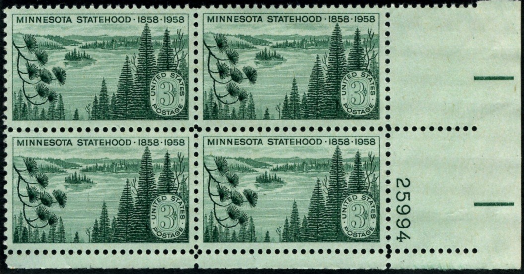 Scott 1106 3 Cent Stamp Minnesota Statehood Centennial Plate Block
