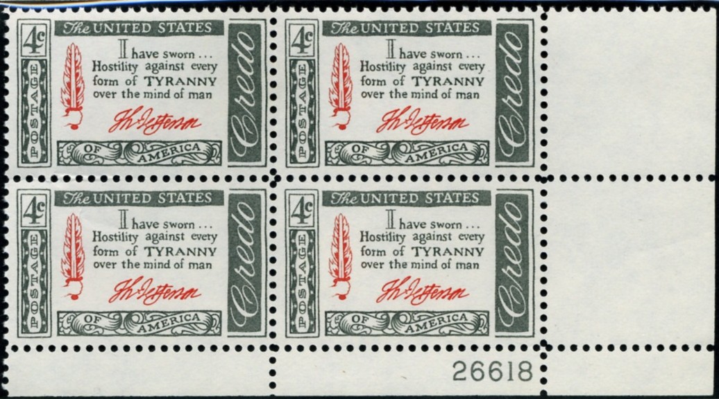 Scott 1141 4 Cent Stamp Credo - Jefferson Plate Block