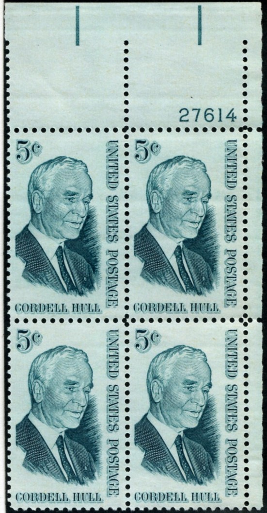 Scott 1235 5 Cent Stamp Cordell Hull Plate Block