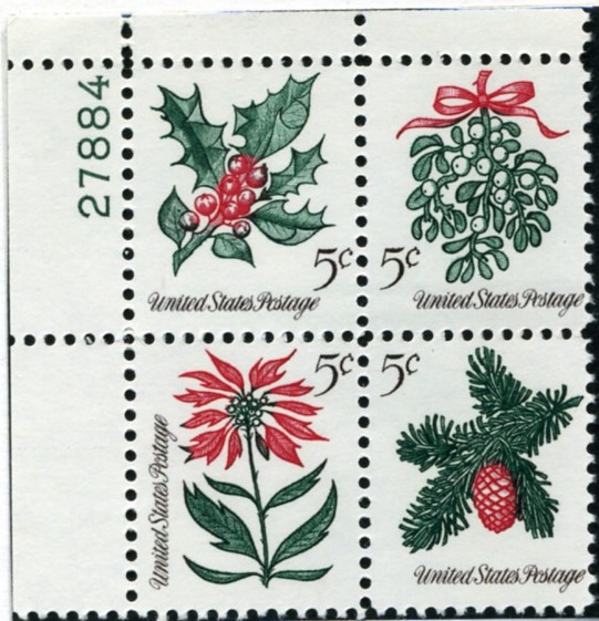 Scott 1254 - 1257 5 Cent Christmas Plants Plate Block