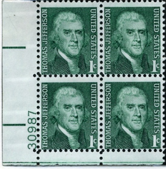 Scott 1278 1 Cent Stamp Thomas Jefferson Plate Block