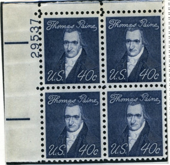 Scott 1292 40 Cent Stamp Thomas Paine Plate Block