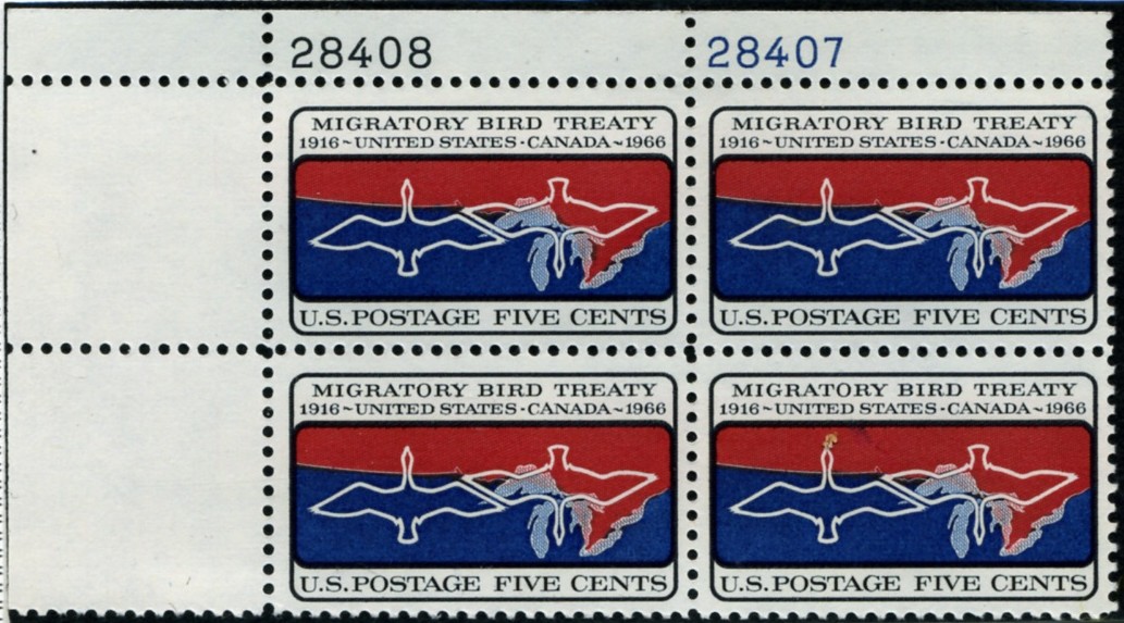 Scott 1306 5 Cent Stamp Migratory Bird Treaty Plate Block