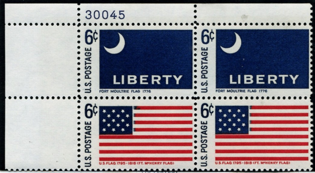 Scott 1345 and 1346 6 Cent Stamps Forts Moultrie and McHenry Flags Plate Block