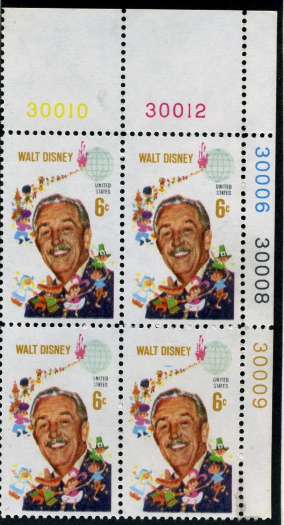 Scott 1355 6 Cent Stamp Walt Disney Plate Block