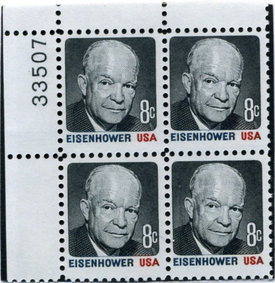 Scott 1394 8 Cent Stamp Dwight D Eisenhower red, black, and blue Plate Block