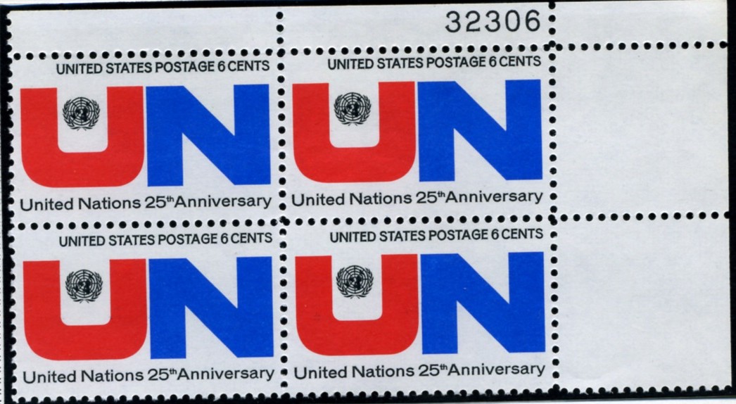Scott 1419 6 Cent Stamp United Nations Plate Block
