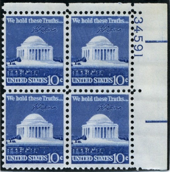 Scott 1510 10 Cent Stamp Jefferson Memorial Plate Block