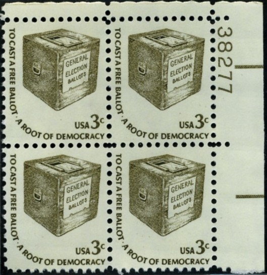 Scott 1584 3 Cent Stamp Ballot Box Plate Block