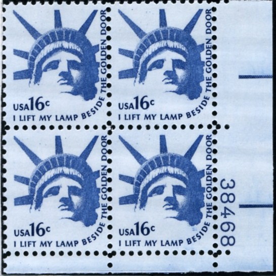 Scott 1599 16 Cent Stamp Statue of Liberty Plate Block