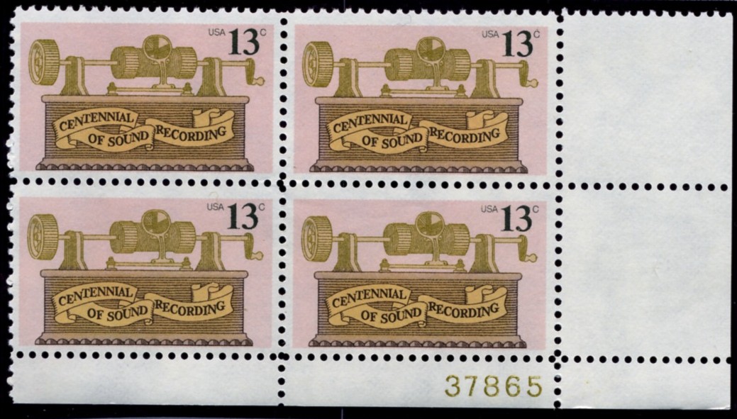 Scott 1705 13 Cent Stamp Centennial Of Sound Recording Plate Block