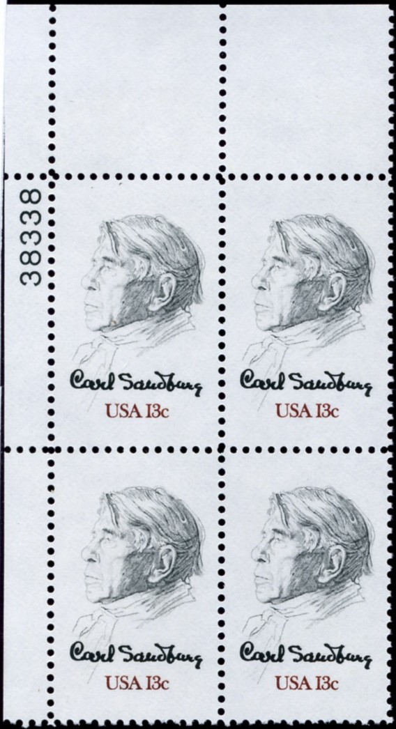 Scott 1731 13 Cent Stamp Carl Sandburg Plate Block