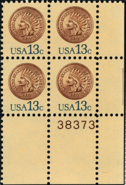 Scott 1734 13 Cent Stamp Indian Head Cent Plate Block