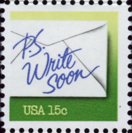 Scott 1808 15 Cent Stamp PS Write Soon Green and Yellow Green