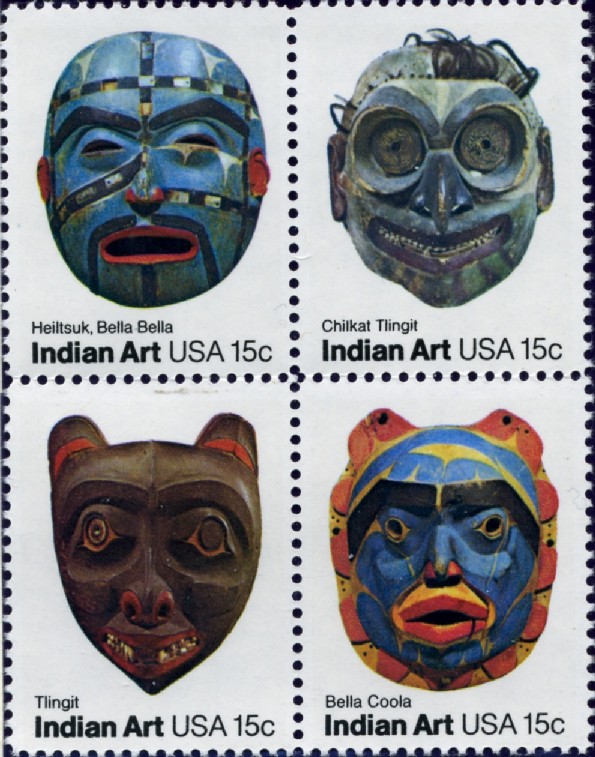 Scott 1834 to 1837 15 Cent Stamps Indian Art Masks