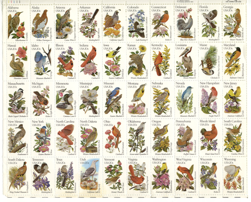 Scott 1953 through 2002 State Birds and Flowers 20 Cents Stamps Full Sheet