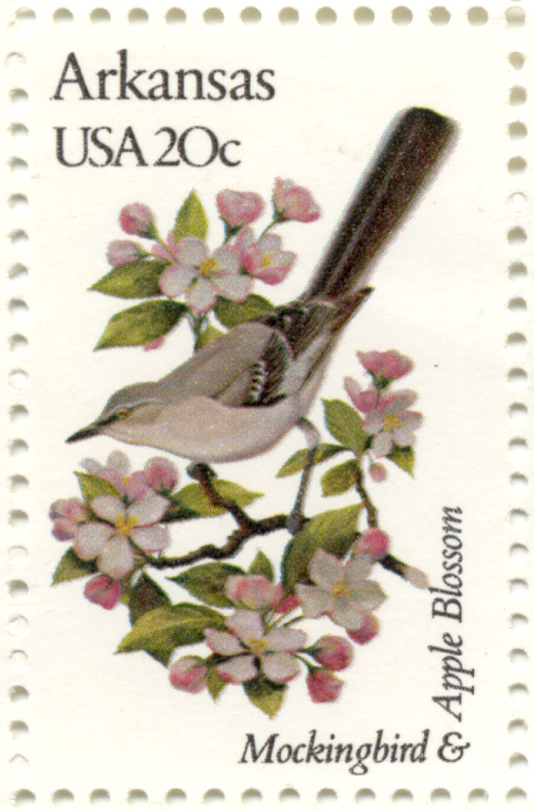 Scott 1956 20 Cent Stamp State Birds and Flowers Arkansas Mockingbird and Apple Blossom