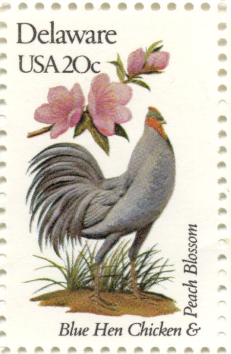 Scott 1960 20 Cent Stamp State Birds and Flowers Delaware Blue Hen Chicken and Peach Blossom