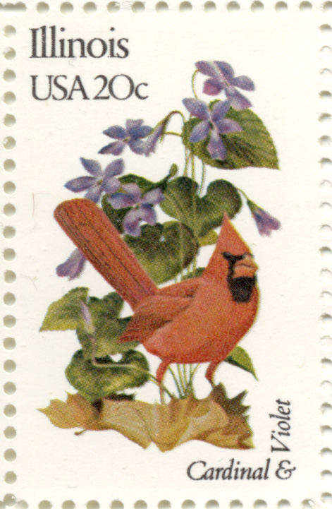 Scott 1965 20 Cent Stamp State Birds and Flowers Illinois Cardinal and Violet