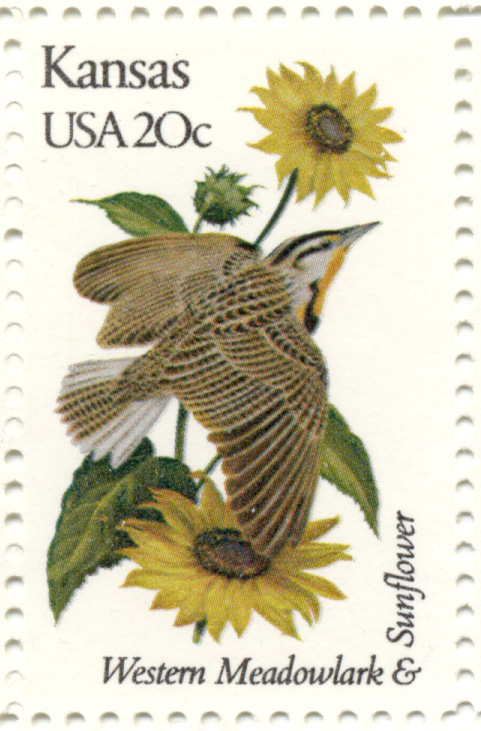 Scott 1968 20 Cent Stamp State Birds and Flowers Kansas Western Meadowlark and Sunflower