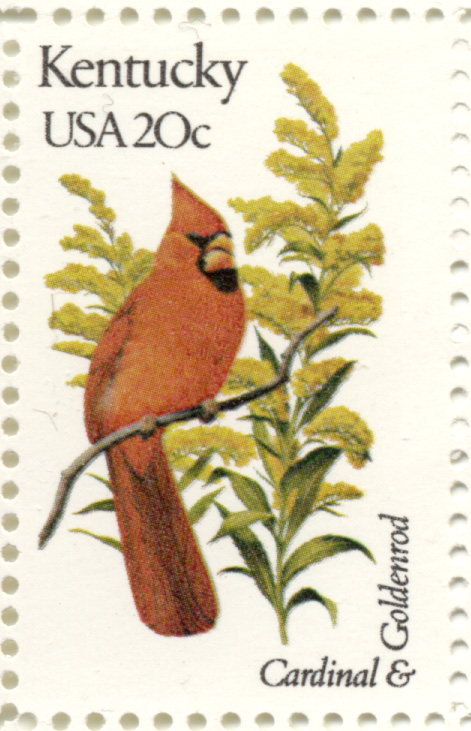 Scott 1969 20 Cent Stamp State Birds and Flowers Kentucky Cardinal and Goldenrod