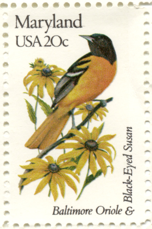 Scott 1972 20 Cent Stamp State Birds and Flowers Maryland Baltimore Oriole and Black Eyed Susan