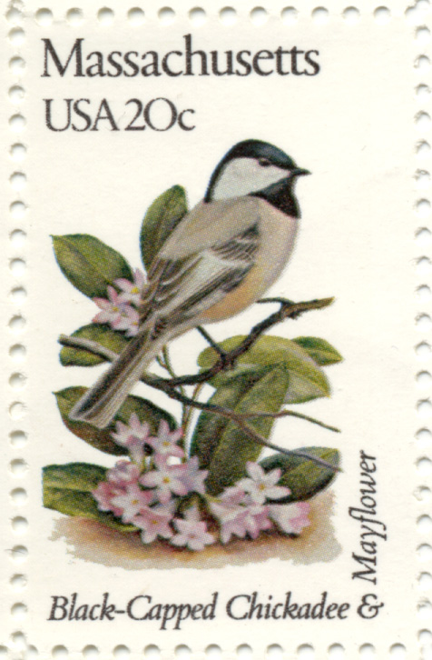 Scott 1973 20 Cent Stamp State Birds and Flowers Massachusetts Black Capped Chickadee and Mayflower