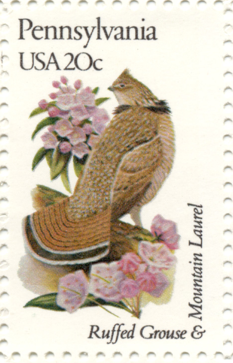 Scott 1990 20 Cent Stamp State Birds and Flowers Pennsylvania Ruffed Grouse and Mountain Laurel