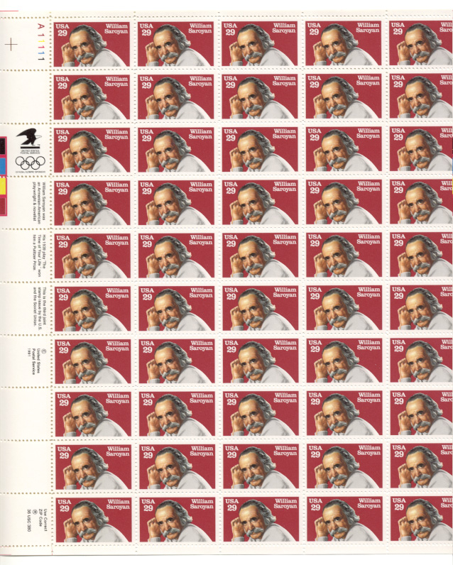 William Saroyan 29 Cents Stamps Full Sheet Scott 2538
