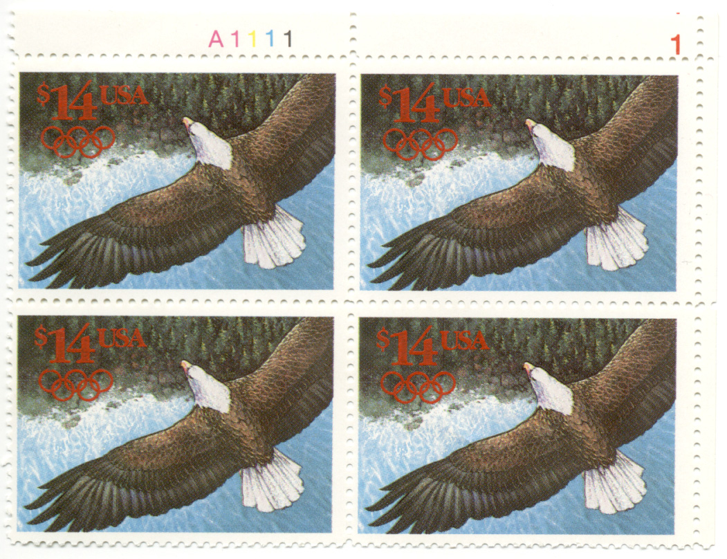 Eagle and Olympic Rings 14.00 Dollar Express Mail Stamp Plate Block Scott 2542