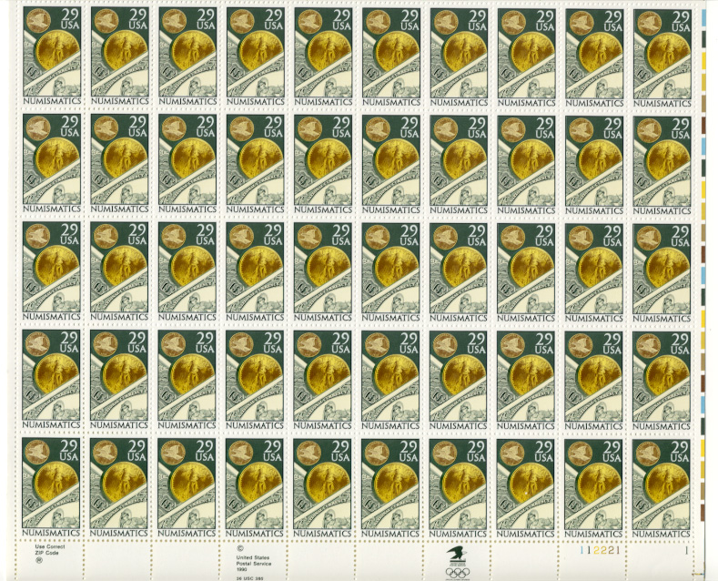 Numismatics 29 Cents Stamps Full Sheet Scott 2558