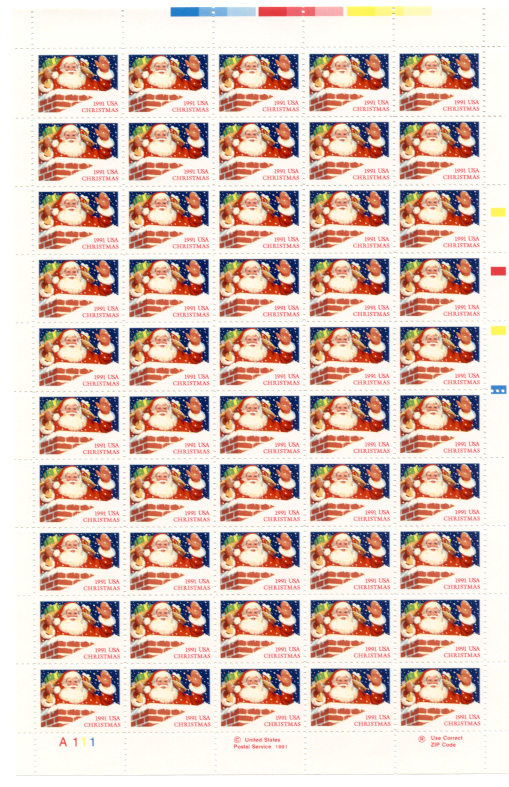 Santa In Chimney 1991 Christmas 29 Cents Stamps Full Sheet Scott 2579