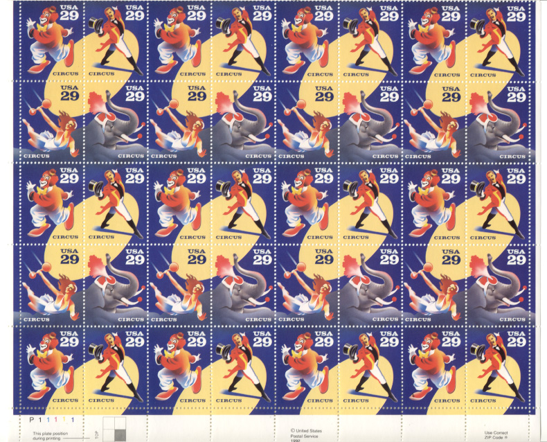 Scott 2750 through 2753 Circus 29 Cents Stamps Full Sheet