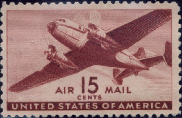 Scott C28 Brown Carmine Transport Plane 15 Cent Airmail Stamp