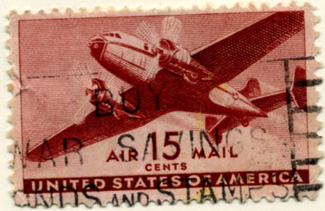 Scott C28 Brown Carmine Transport Plane 15 Cent Airmail Stamp a