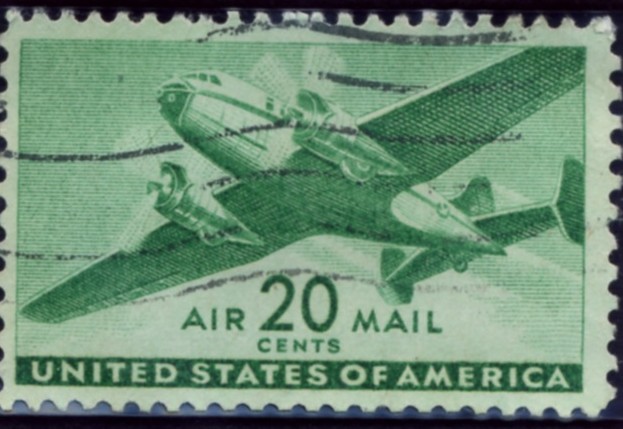 Scott C29 Bright Green Transport Plane 20 Cent Airmail Stamp