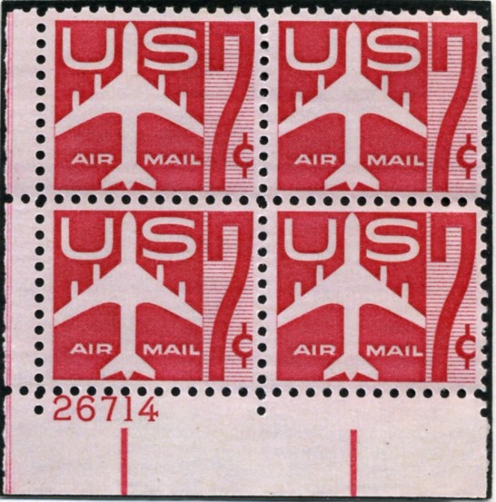 Scott C60 Jetliner Silhouette Red 7 Cent Airmail Stamp Plate Block