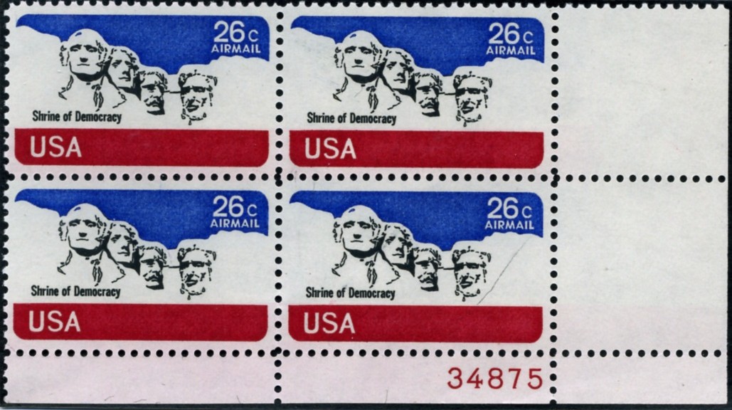 Scott C88 Mount Rushmore 26 Cent Airmail Stamp Plate Block