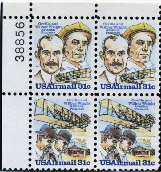 Scott C91 and C92 Orville and Wilbur Wright 31 Cent Airmail Stamp Plate Block