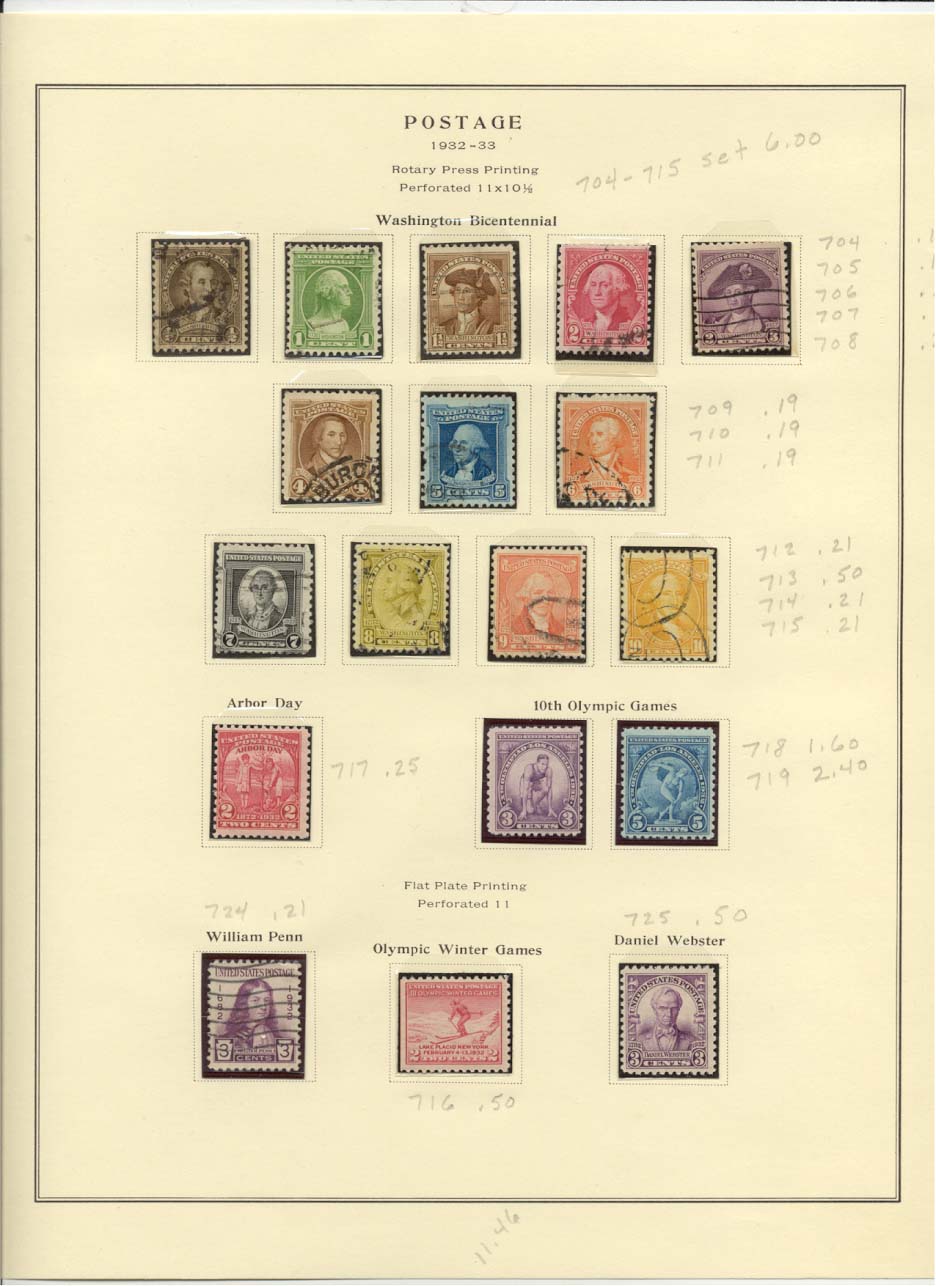 Postage Stamps Scott # 704, 705, 706, 707, 708, 709, 710, 711, 712, 713, 714, 715, 717, 718, 719, 724, 716, 725