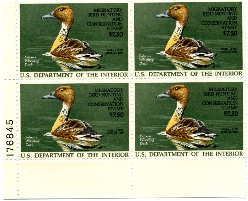 Scott RW53 7.50 Dollar Department of the Interior Duck Stamp Fulvous Whistling Duck Plate Block