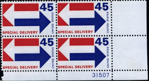 Scott E22 45 Cent Special Delivery Stamp Arrows Plate Block